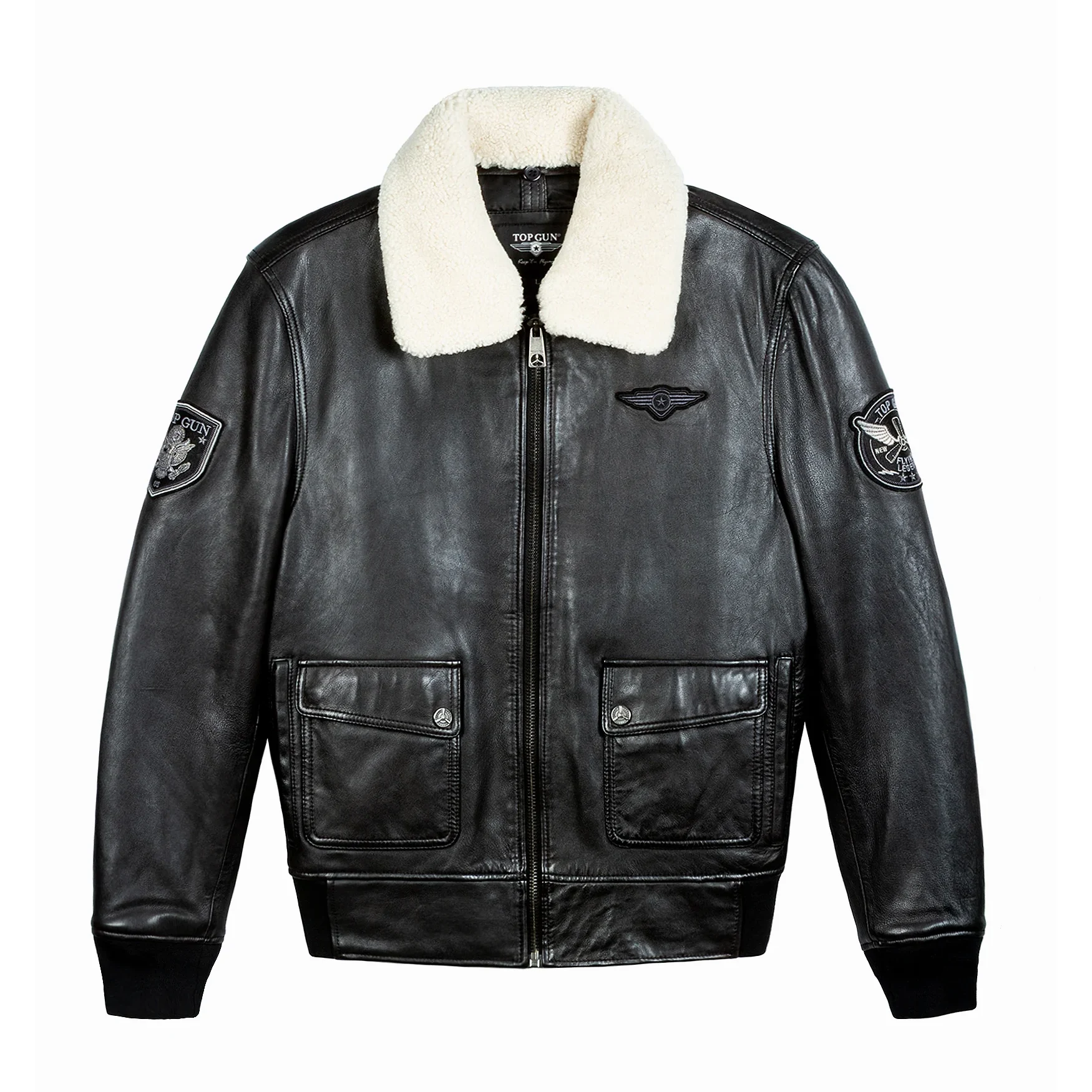 Top Gun Aviator Luxury Fur Black Leather Bomber Jacket