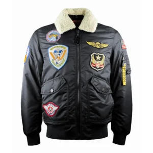 Top Gun Coronado Shearling Black Satin Bomber Jacket
