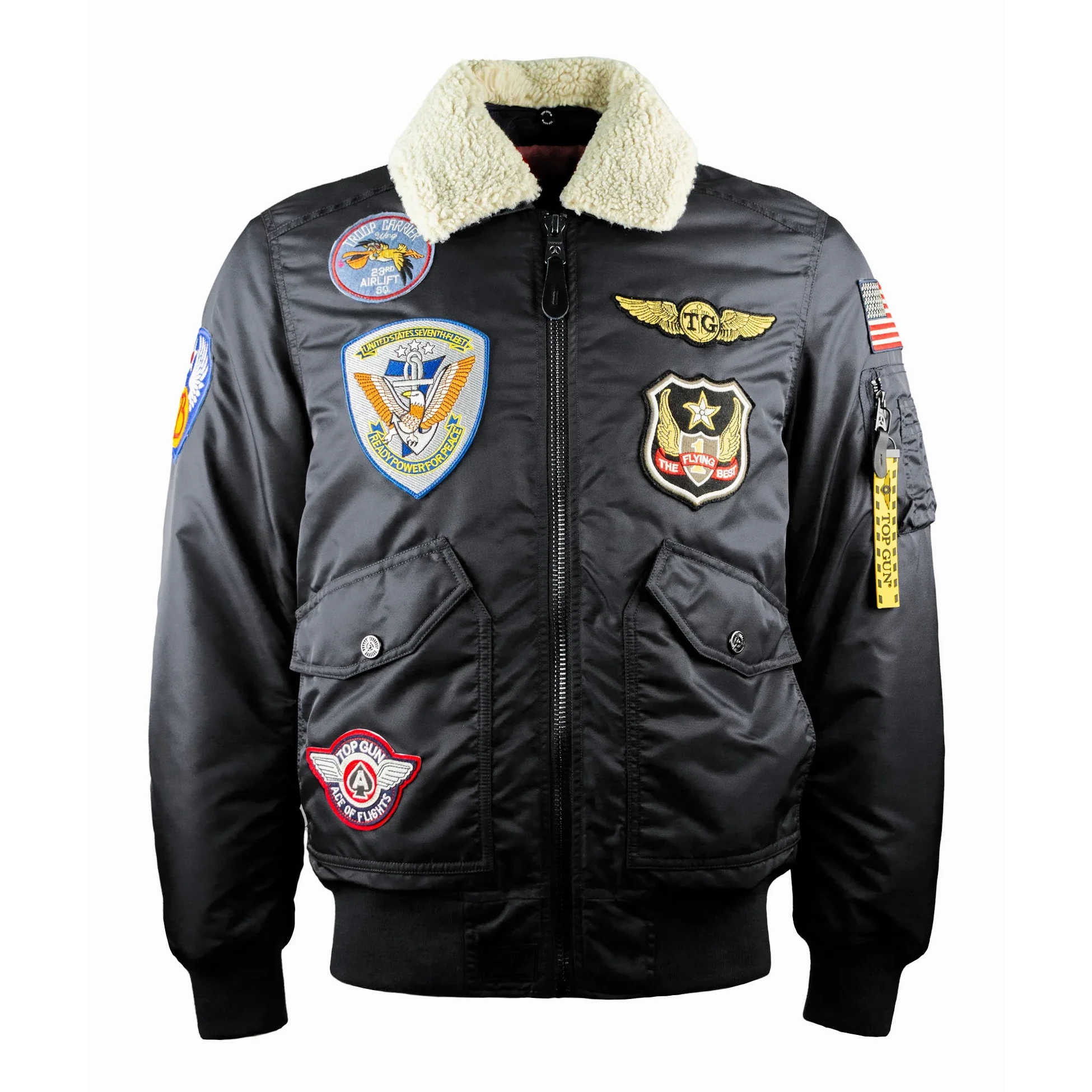 Top Gun Coronado Shearling Black Satin Bomber Jacket