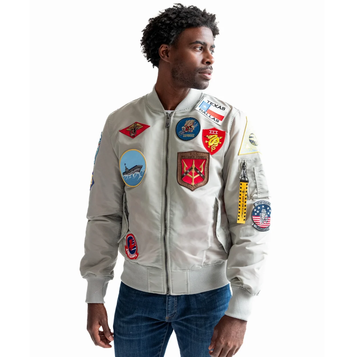 Top Gun MA-1 Gray Patches Zipper Bomber Jacket