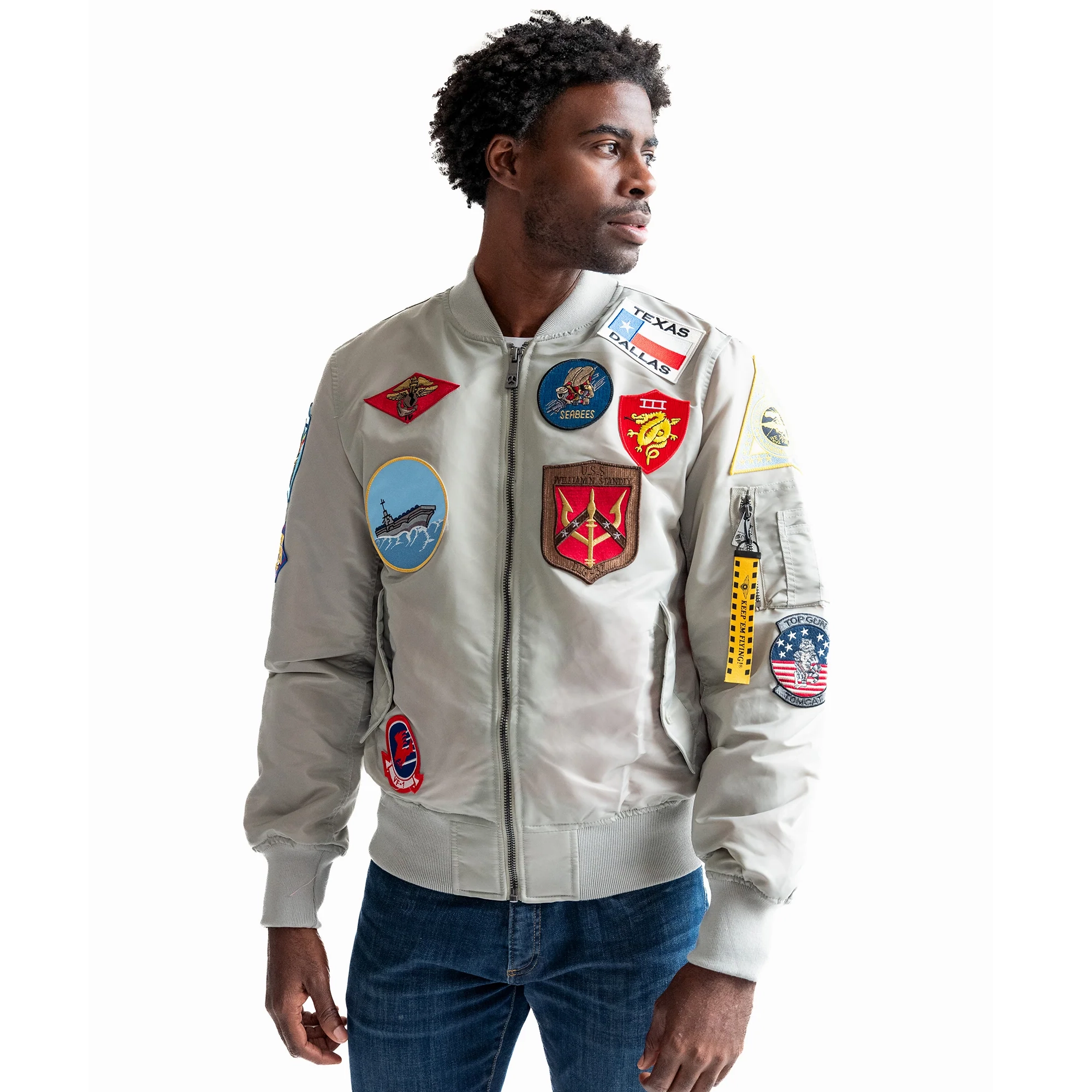 Top Gun MA-1 Gray Patches Zipper Bomber Jacket