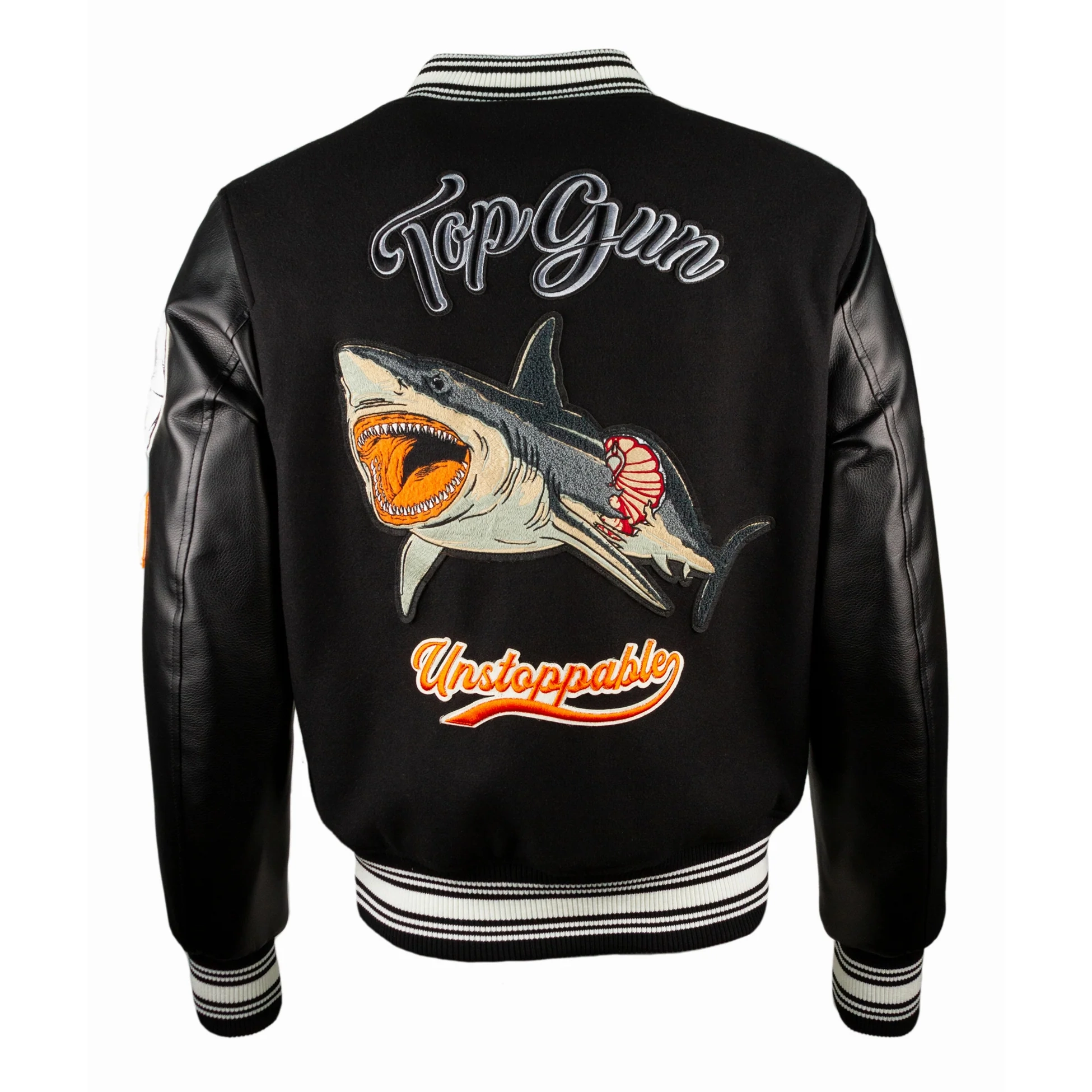 Top Gun Shark Black Wool & Leather Varsity Jacket