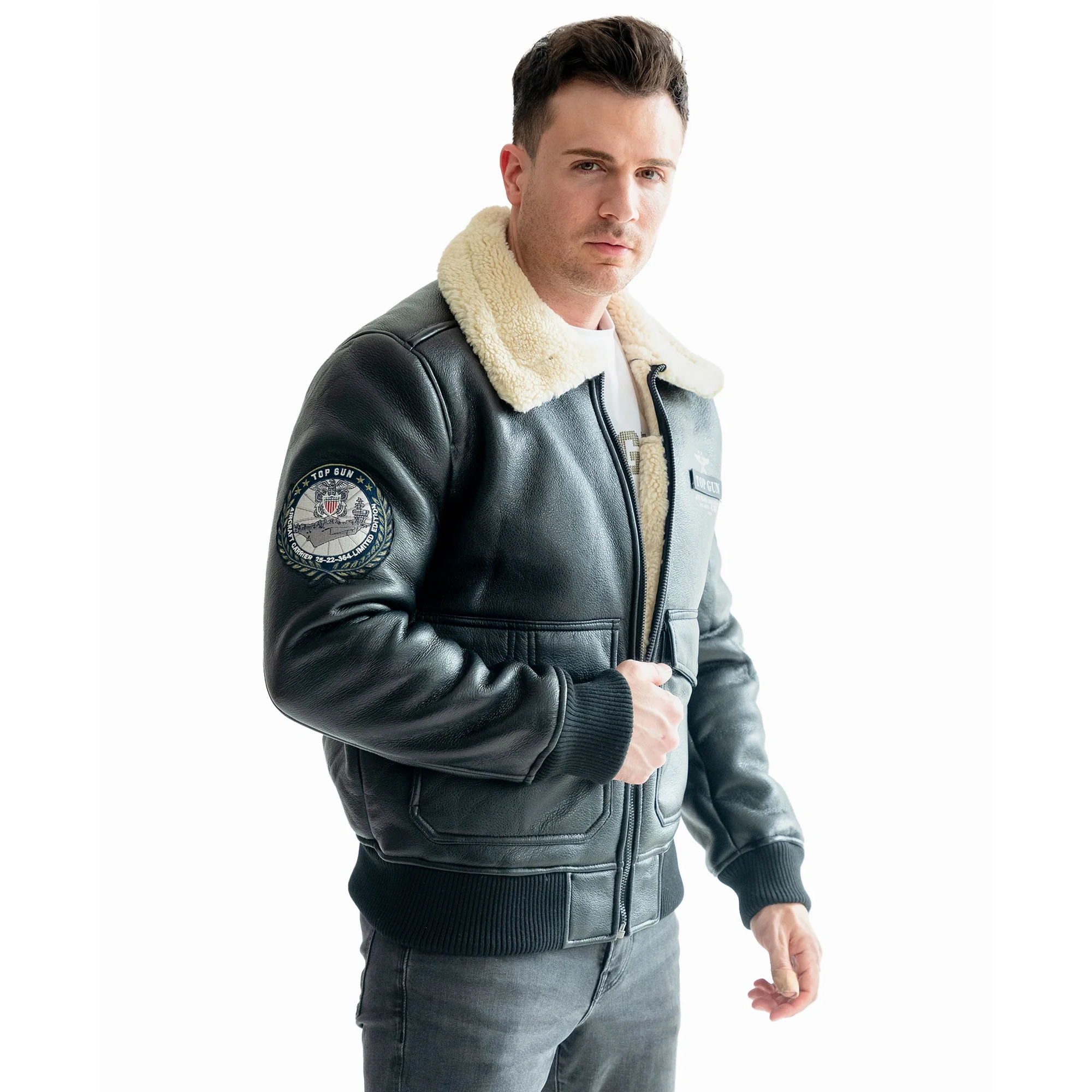 Top Gun Shearling Black Zipper Bomber Jacket